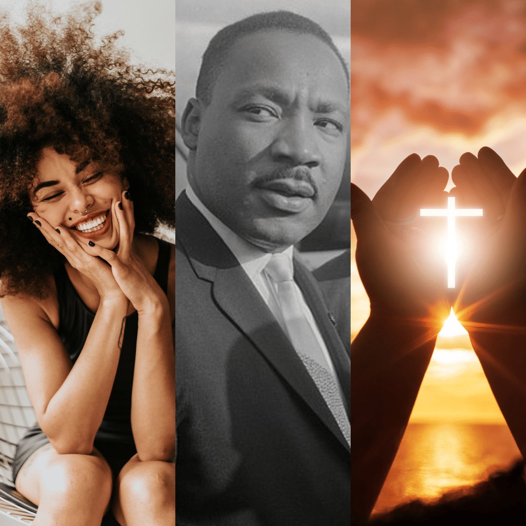 Montagem de fotos com mulher sorrindo, Martin Luther King e mãos unidas com cruz iluminada e sol al fundo