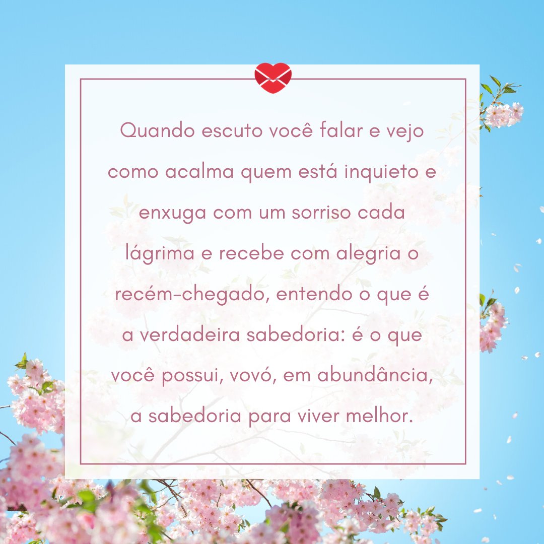 'Quando escuto você falar e vejo como acalma quem está inquieto e enxuga com um sorriso cada lágrima e recebe com alegria o recém-chegado, entendo o que é a verdadeira sabedoria: é o que você possui, vovó, em abundância, a sabedoria para viver melhor.' - Mensagens do Dia Da Vovó