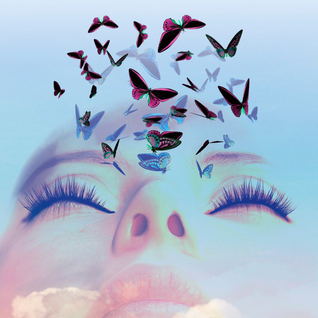 Imagem ilustrativa de uma pessoa dormindo e borboletas em cima da cabeça, remetendo ao sonho