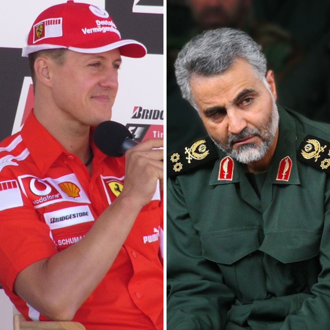 Imagem em gride de Michael Schumacher e Qasem Soleimani