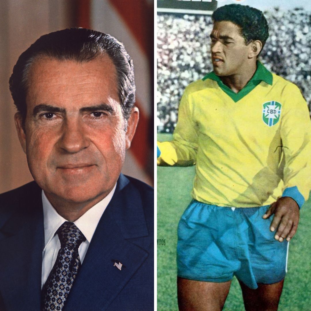 Imagem em gride do ex-presidente dos EUA e do ex-jogador de futebol Garrincha