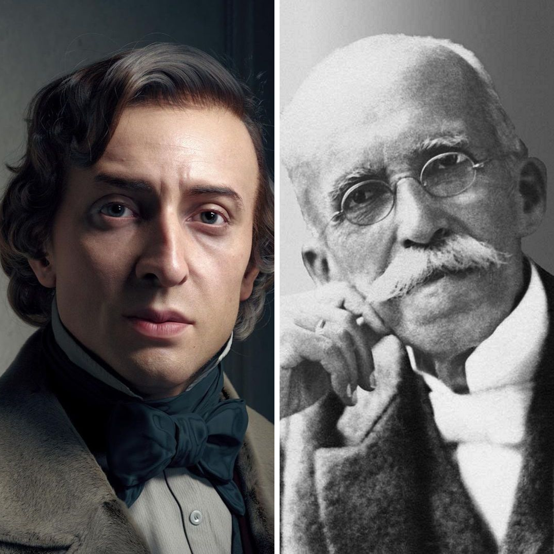 Imagem restaurada e colorida do pianista Frederic Chopin e fotografia preto e branco de Rui Barbosa.