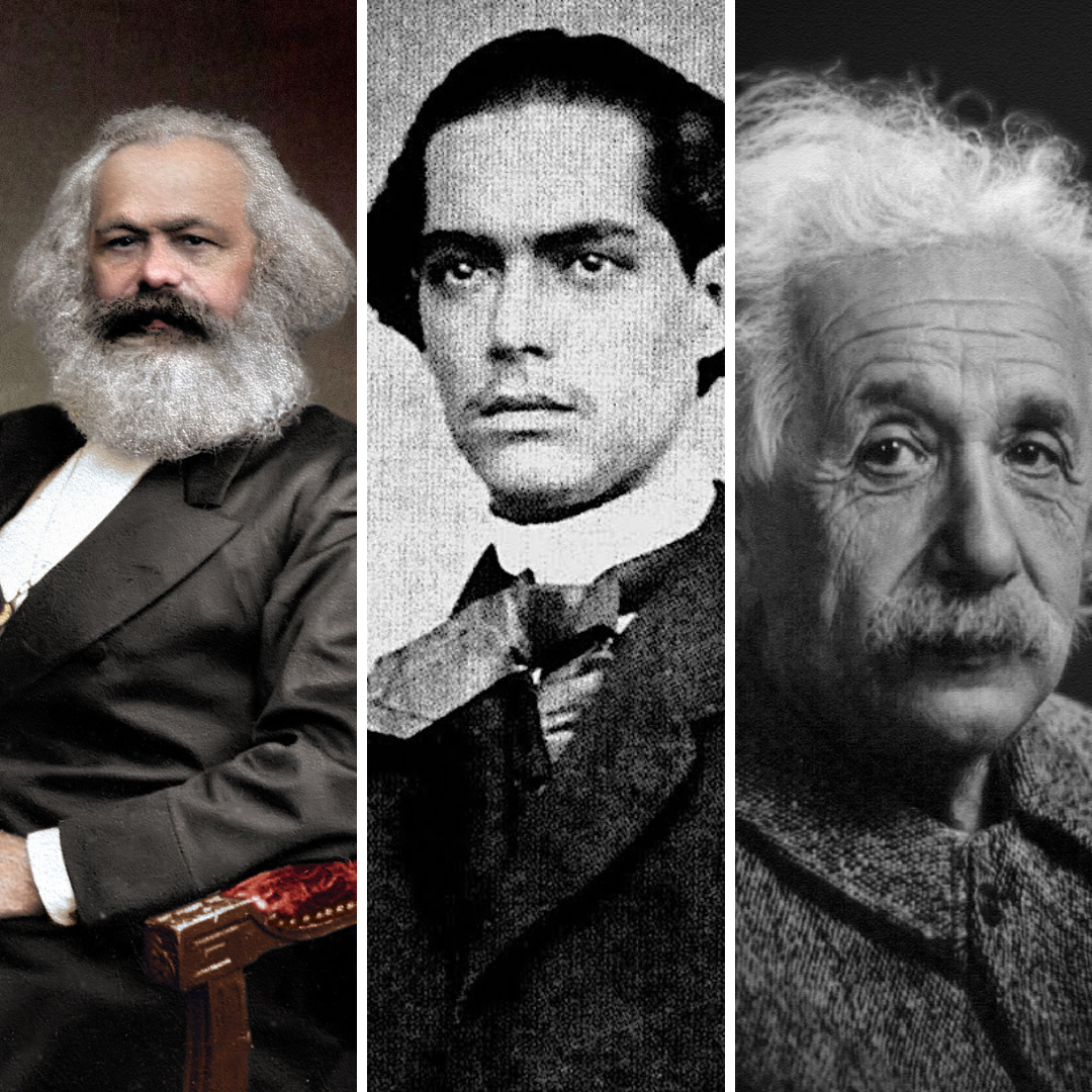 Imagem em gride do filósofo Karl Marx, do poeta Castro Alves e do físico Albert Einstein