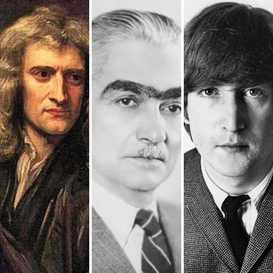 Imagem em gride do cientista Isaac Newton, do escritor Monteiro Lobato e do músico John Lennon