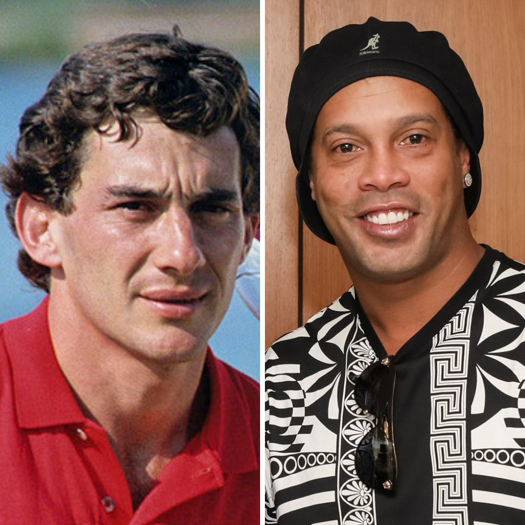 Imagem em gride do ex-piloto de F1 Ayrton Senna e do jogador de futebol Ronaldinho Gaúcho
