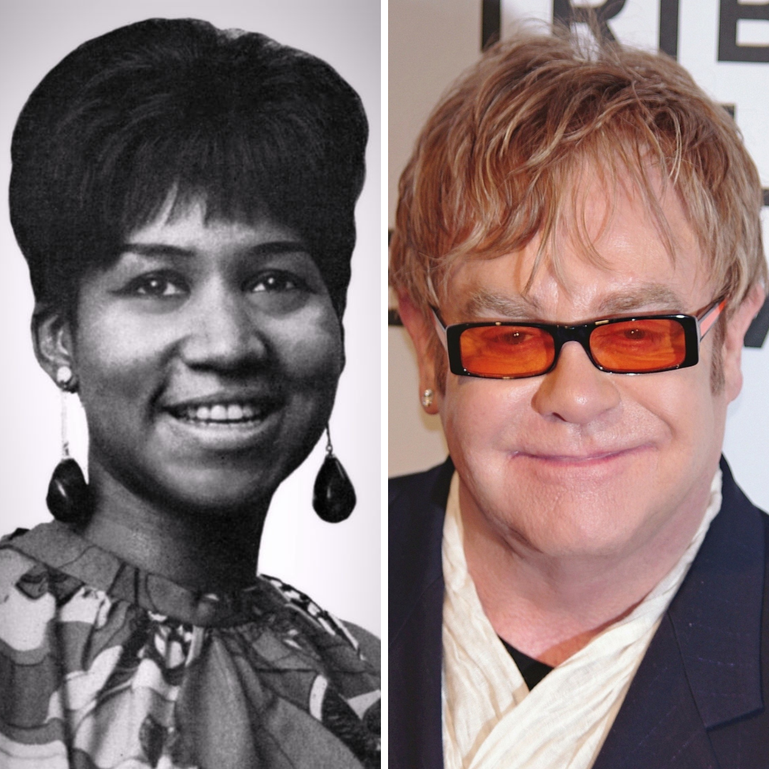 Imagem em gride da cantora Aretha Franklin e do cantor Elton John