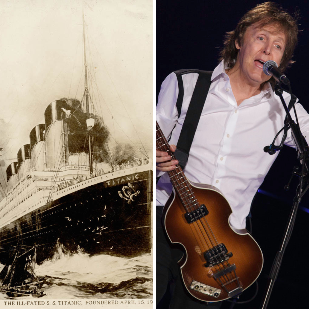 Imagem em gride do navio Titanic e do cantor Paul McCartney em um show