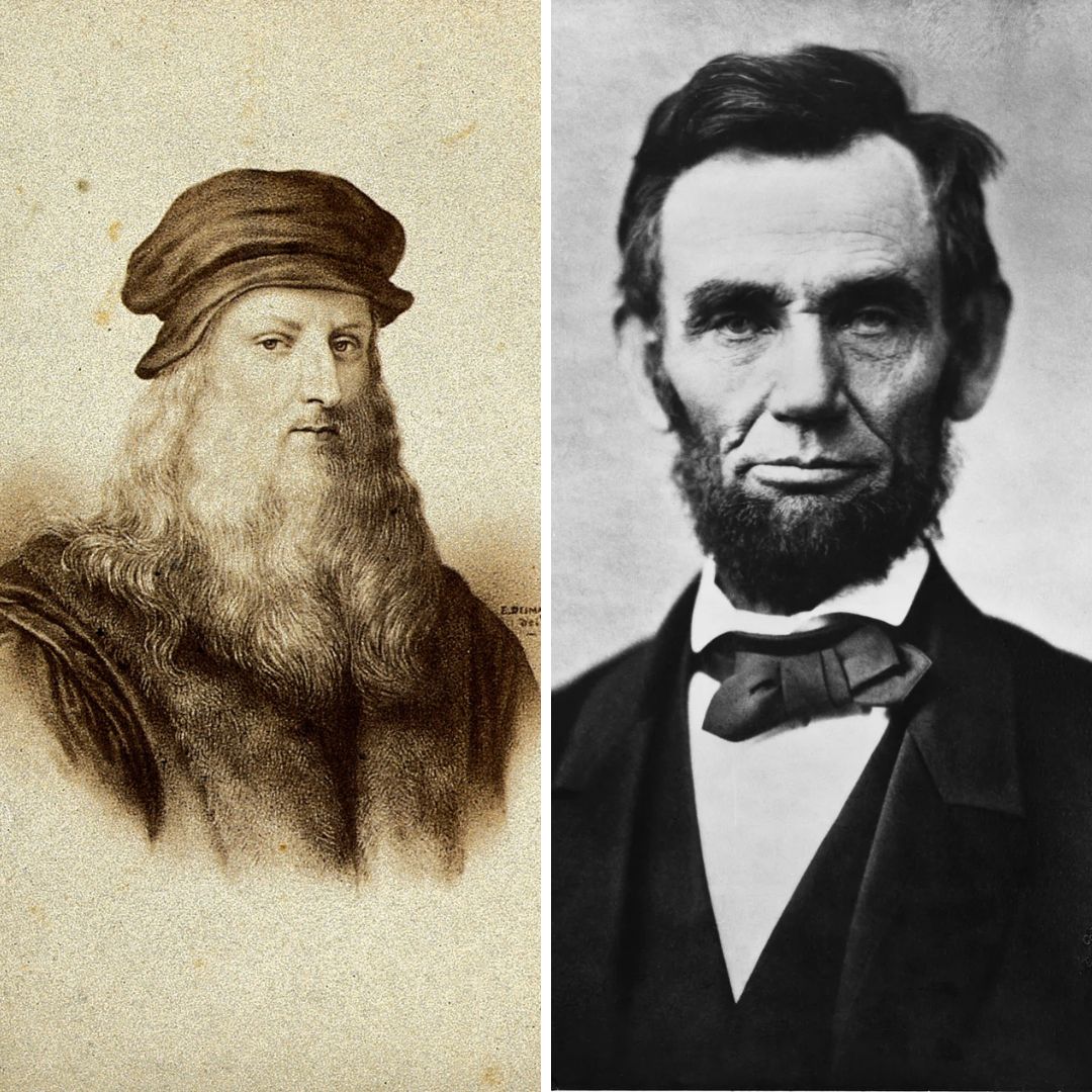 Imagem em gride do artista Leonardo Da Vinci e do ex-presidente dos EUA Abraham Lincoln