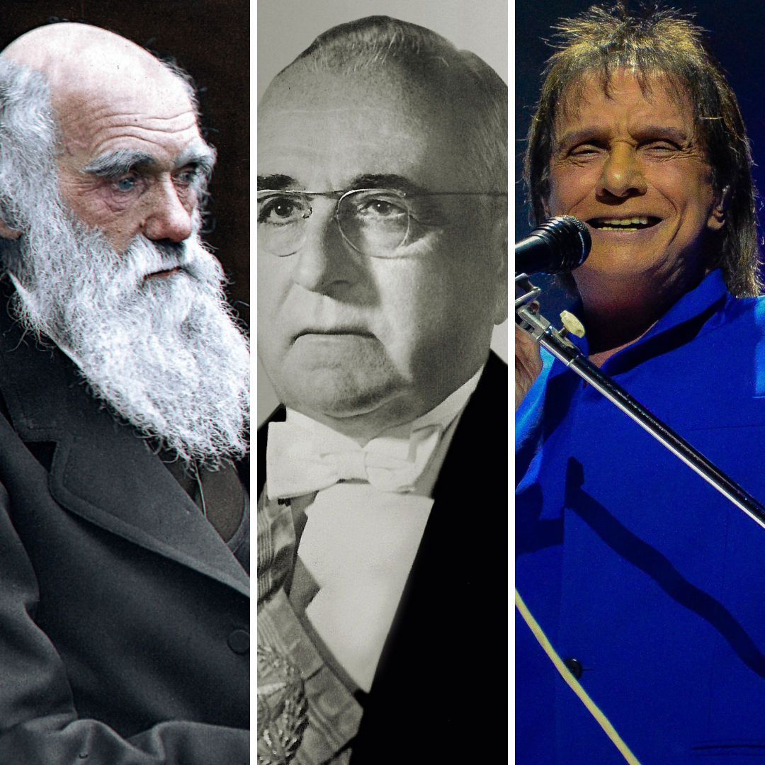Imagem em gride do naturalista Charles Darwin, do ex-presidente do Brasil Getúlio Vargas e do cantor Roberto Carlos