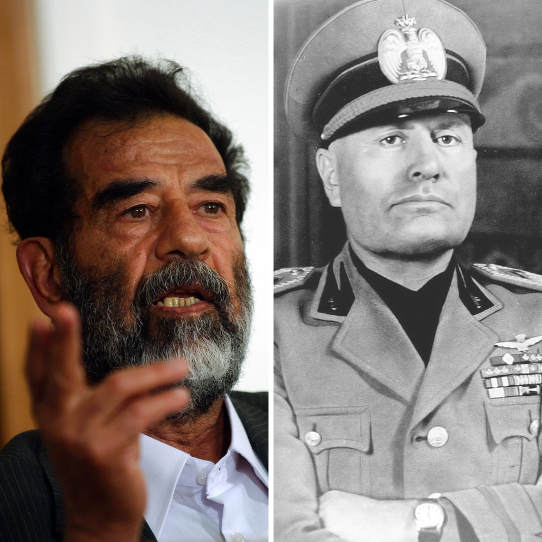 Imagem em gride do ex-presidente do Iraque Sadam Husein e do político fascista Benito Mussolini