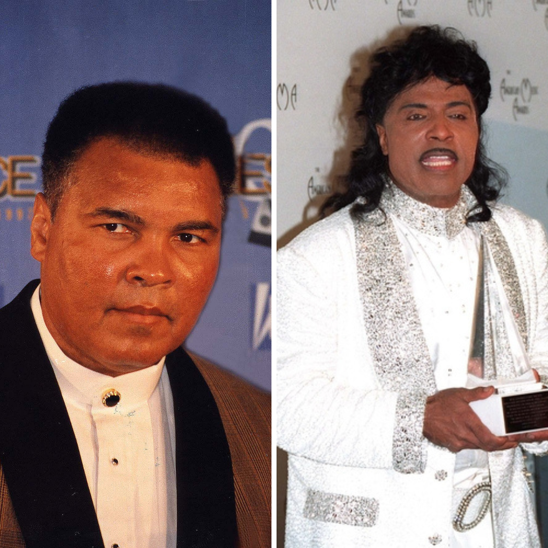 Imagem em gride do desportista pugilista Muhammad Ali e do cantor Little Richard