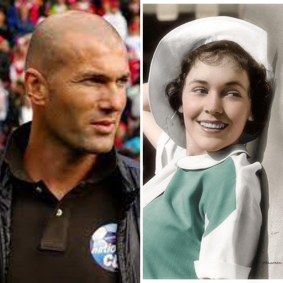 Imagem em gride do jogador de futebol francês  Zinedine Zidane e da atriz norte americana Maureen O`Sullivan
