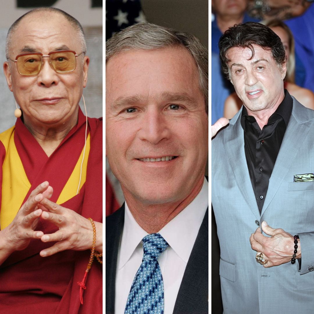 Imagem em gride do líder espiritual Dalai Lama, do ex-presidente dos EUA George W. Bush e do ator Silvester Stallone