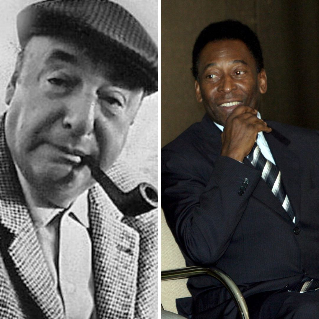 Imagem em gride do poeta Pablo Neruda e do ex-jogador de futebol Pelé