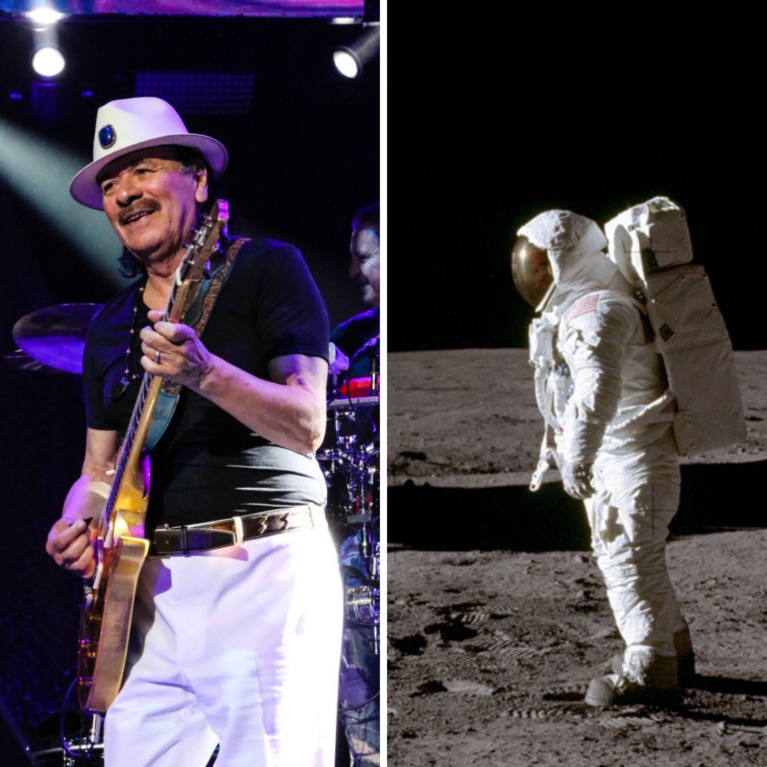 Imagem em gride do guitarrista Carlos Santana e do momento em que o homem pisou pela primeira vez na Lua
