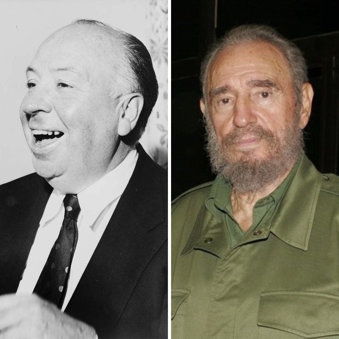 Imagem em gride do cineasta Alfred Hitchcock e do político cubano Fidel Castro