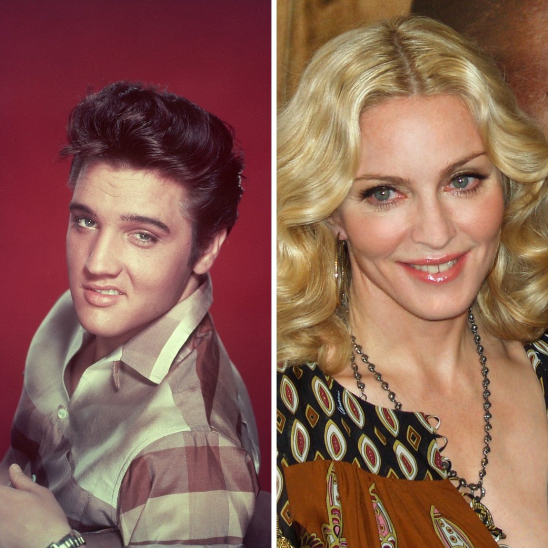 Imagem em gride do cantor Elvis Presley e da cantora e atriz Madonna