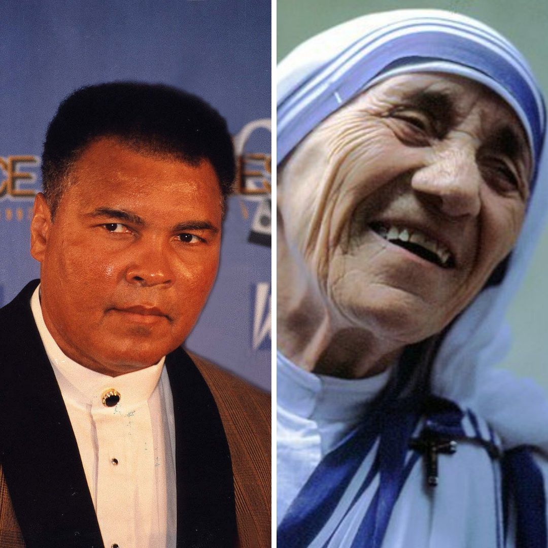 Imagem em gride com o ex-boxeador Muhammad Ali e de Madre Tereza de Calcutá