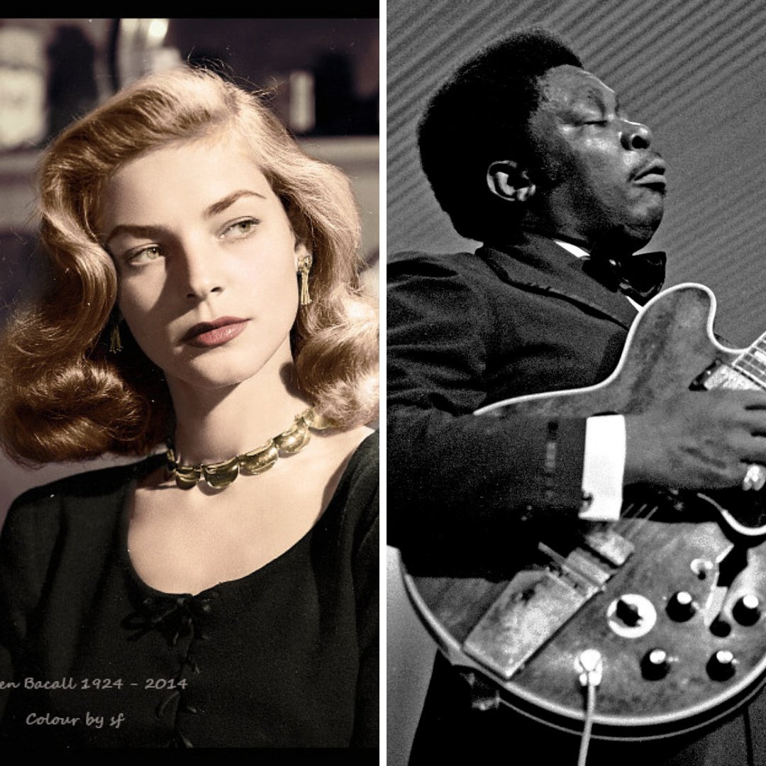 Imagem em gride da atriz Lauren Bacall e do músico B.B. King tocando guitarra