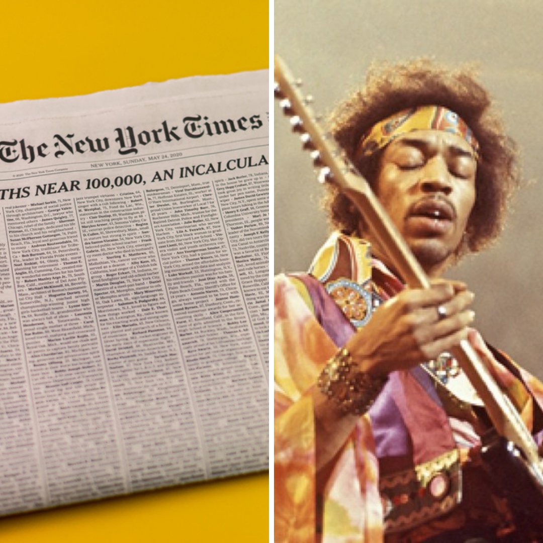 Imagem em gride do jornal The New York Times e do guitarrista Jimi Hendrix