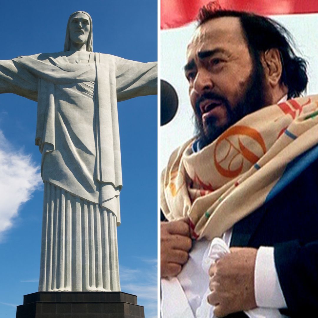 Imagem em gride do Cristo Redentor e do cantor Luciano Pavarotti