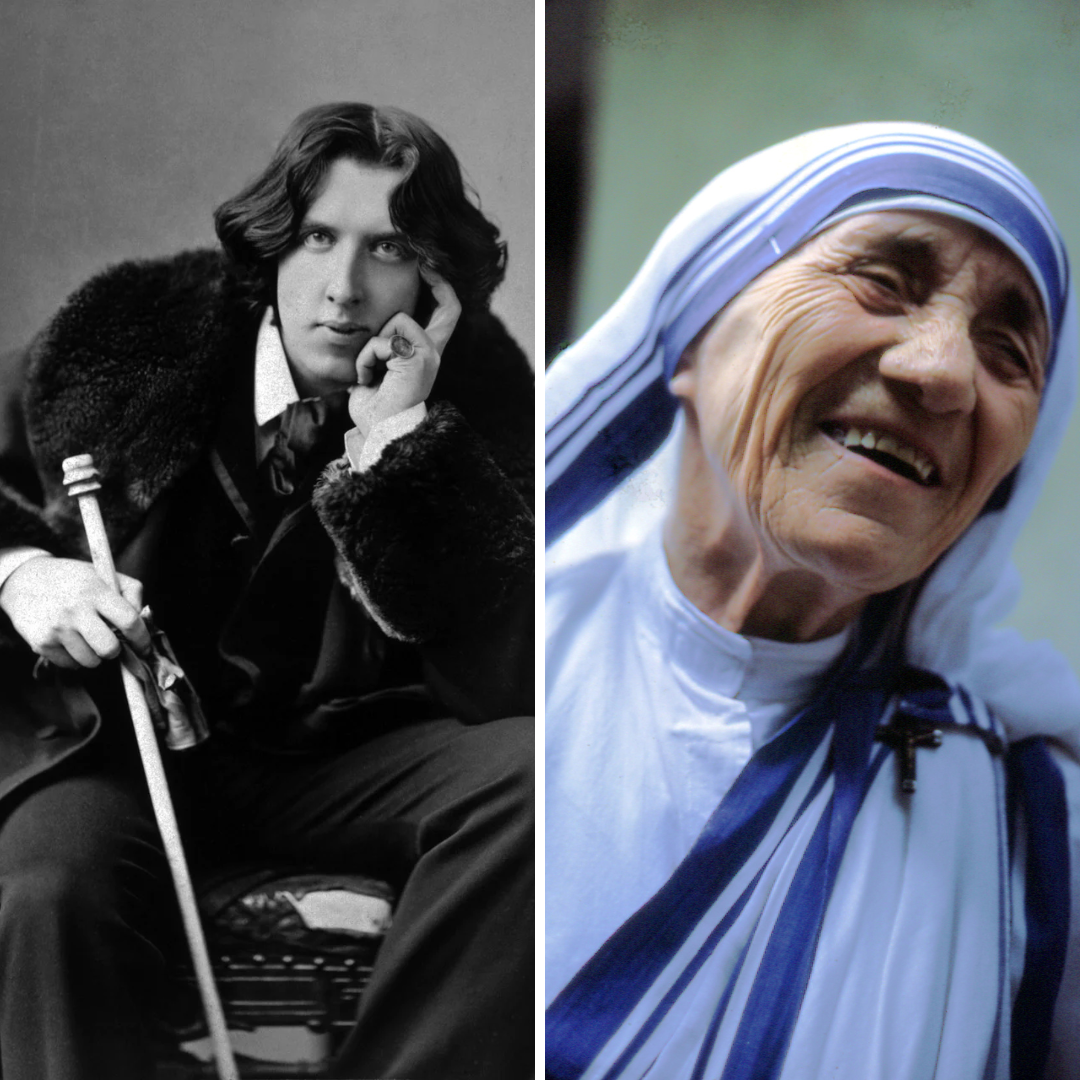 Imagem em gride do escritor Oscar Wilde e da religiosa Madre Teresa de Calcutá