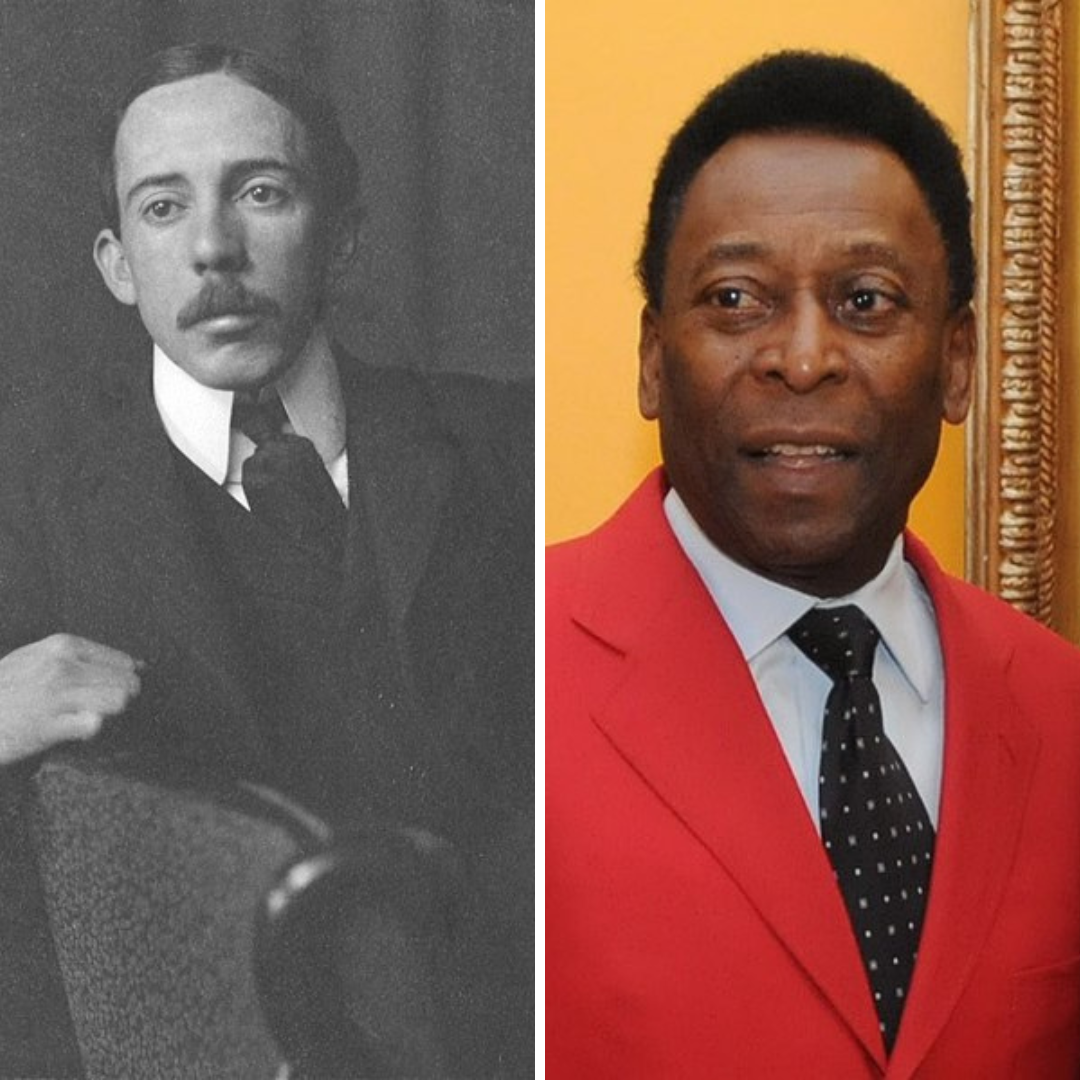 Retrato preto e branco de Santos Dumont e fotografia colorida de Pelé