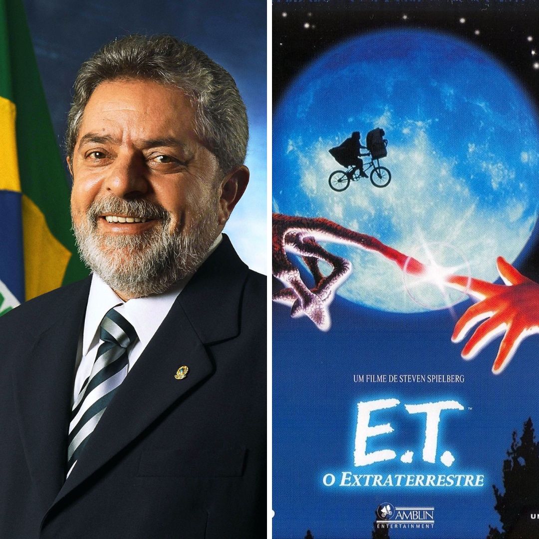 Imagem em gride de Lula, ex-presidente do Brasil, e da capa do filme E.T., de Steven Spielberg