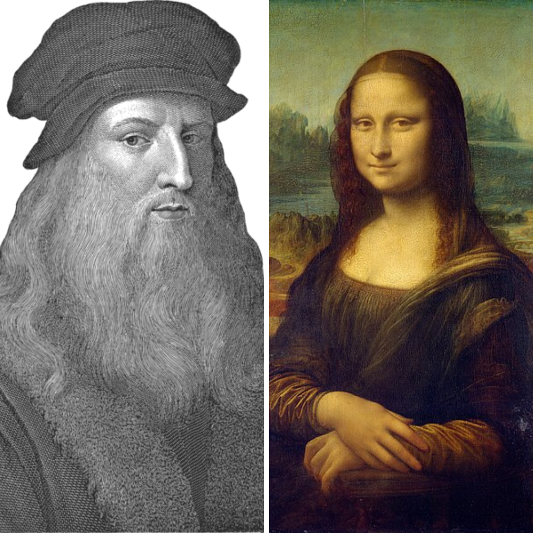 Retrato de Leonardo Da Vinci e ao lado, o quadro Monalisa.