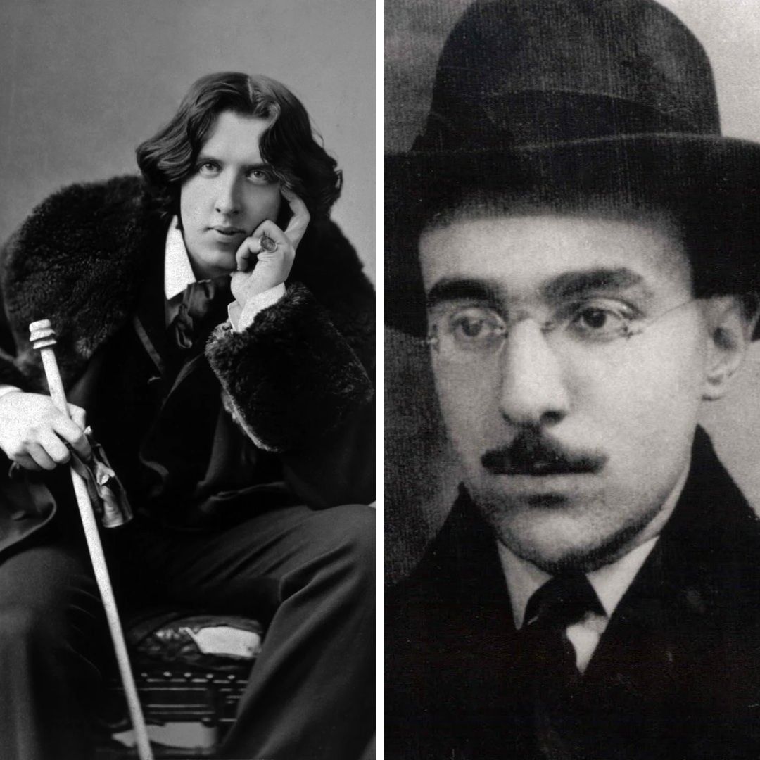 Imagem em gride do escritor Oscar Wilde e do poeta Fernando  Pessoa