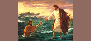 Ilustração de Jesus salvando um fiel do afogamento.