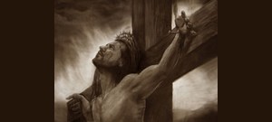 Imagem de Jesus Cristo sendo crucificado.