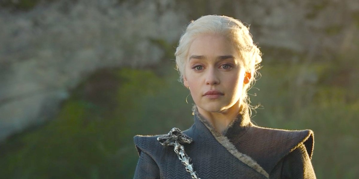 Reprodução/HBO Max Daenerys com cabelo preso, blusa de gola alta e olhando fixamente para frente