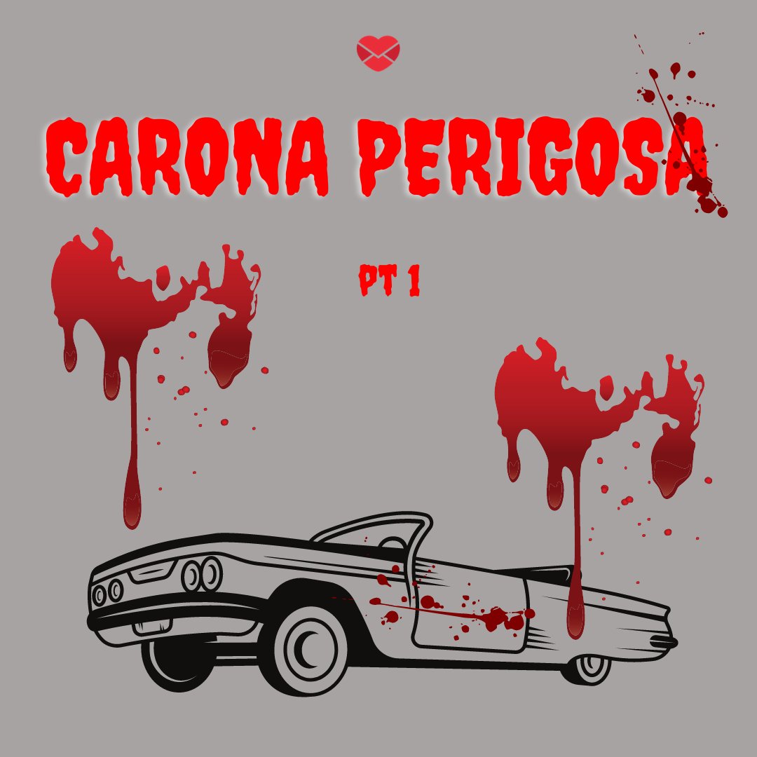Imagem ilustrativa de um carro, manchas de sangue e o nome do conto 'Carona perigosa'