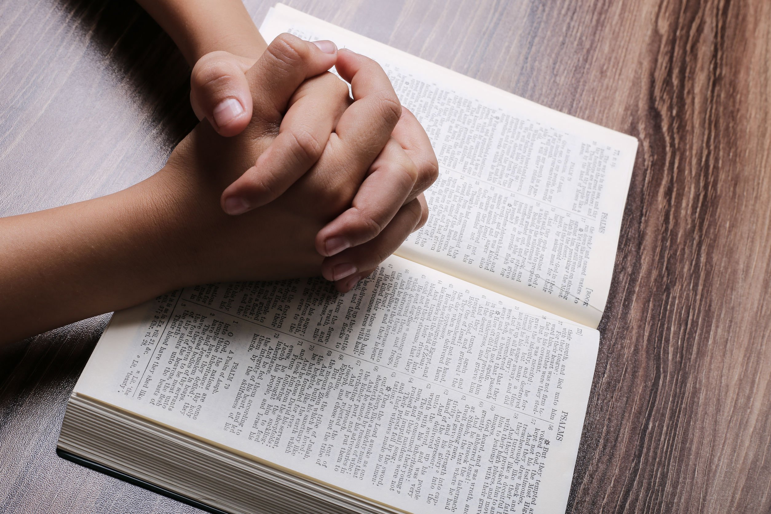 Pessoa rezando com bíblia aberta