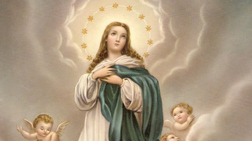 Ilustração de Nossa Senhora da Imaculada Conceição rodeada de anjos