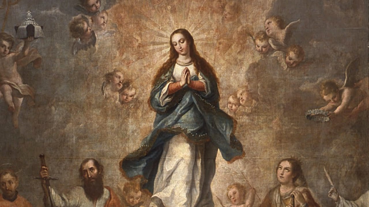 Pintura de Nossa Senhora da Imaculada Conceição com manto azul e anjos em volta
