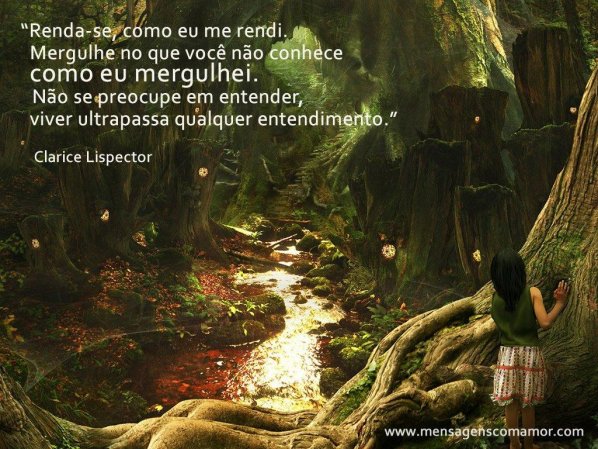 Mensagens com Amor 'Renda-se, como eu me rendi. Mergulhe no que você não conhece como eu mergulhei. Não se preocupe em entender, viver ultrapassa qualquer entendimento.' - Clarisse Lispector - Imagens Pensativas