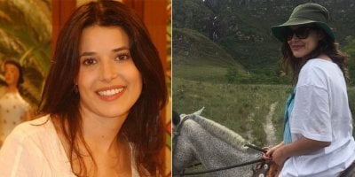 Manuela do Monte em Malhação à esquerda e, à direita, Manuela atualmente e montada em cavalo