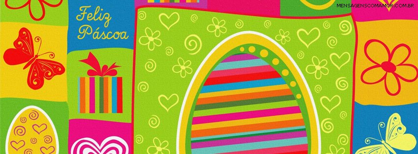 Capa para Facebook colorida com desenhos de ovos de páscoa, borboletas e presente