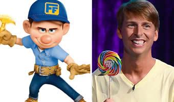 Montagem de personagem Felix do filme Detona Ralph e foto de dublador Jack Mcbrayer