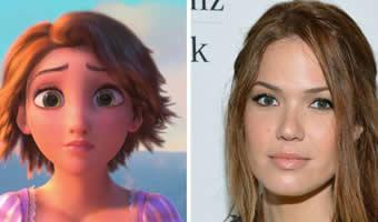 Montagem de personagem Rapunzel do filme 'Enrolados' e foto de Mandy Moore ao lado