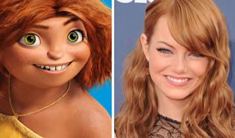 Reprodução internet Montagem de personagem Eep do filme 'Os croods' e foto de Emma Stone ao lado