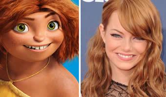 Montagem de personagem Eep do filme 'Os croods' e foto de Emma Stone ao lado