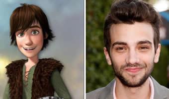 Montagem de personagem Soluço de filme 'Como treinar seu dragão' e foto de Jay Baruchel ao lado