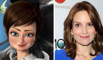 Montagem de personagem Roxanne do filme 'Megamente' com foto de Tina Fey ao lado