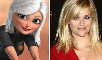 Reprodução internet Montagem de personagem Susan Murphy do filme Monstros vs. Alienígenas e foto de atriz Reese Witherspoon