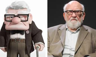 Montagem de personagem Carl Fredericksen do filme 'Up - altas aventuras' e foto de Edward Asher ao lado