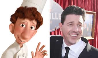 Reprodução internet Montagem de personagem Linguini do filme Ratatouile e foto de Lou Romano ao lado