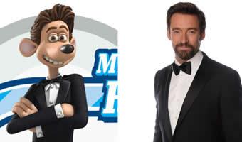 Montagem de personagem Roddy do filme 'Por água abaixo' e foto de Hugh Jackman ao lado